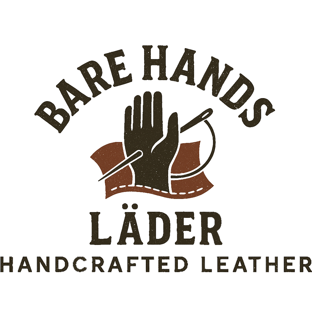 Bare Hands Läder – logotyp med hand, nål och tråd.